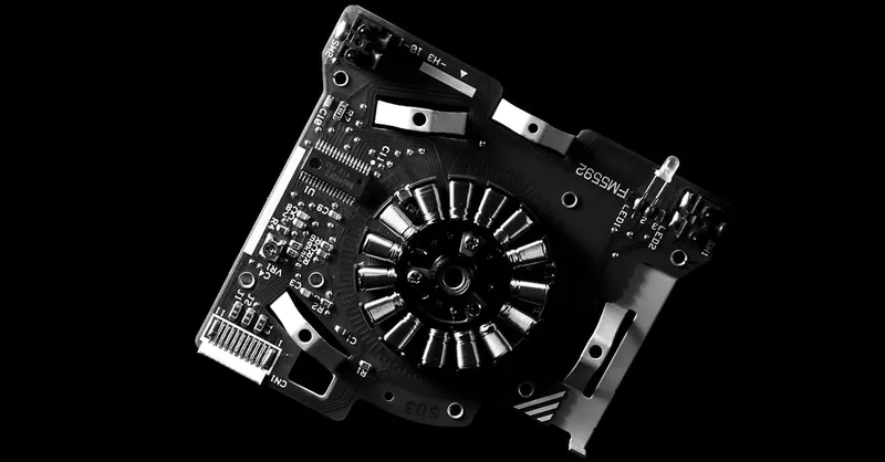 High contrast black and white close-up of a circuit board showcasing electronic components and intricate details.