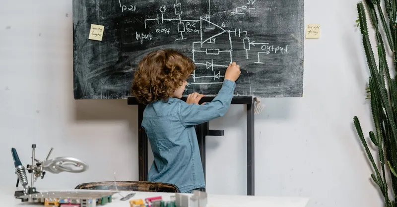 A young boy creatively draws a circuit diagram on a blackboard, showcasing intelligence and creativity.