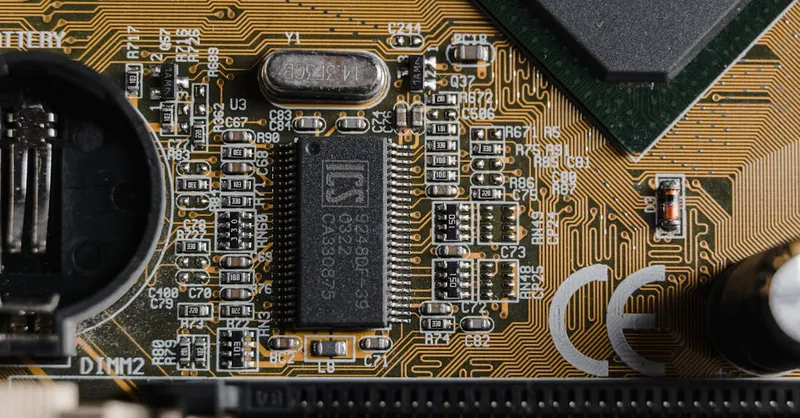 Detailed view of circuit components on a printed circuit board (PCB).