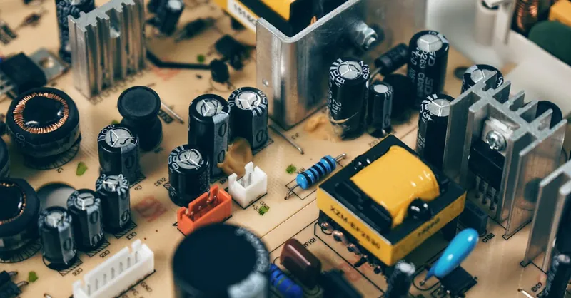 Detailed shot of capacitors and resistors on a circuit board, showcasing modern technology.