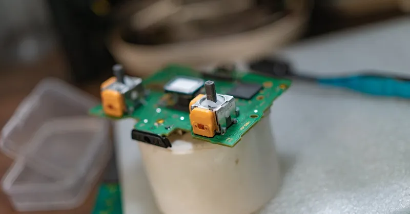 Detailed view of a green circuit board with electronic components.