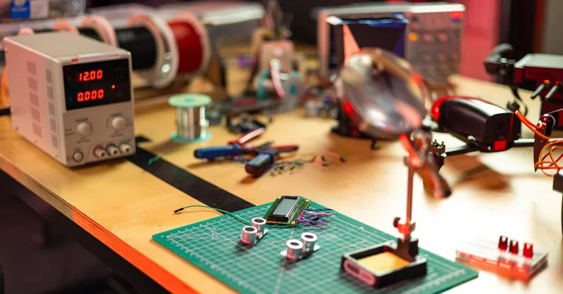 A detailed view of an electronics workshop with various tools and components on a workbench.