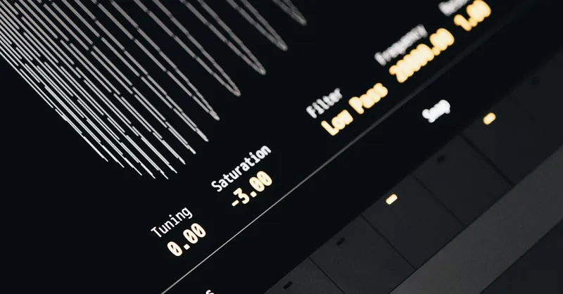 Close-up of a modern digital sound interface screen displaying tuning, saturation, and filter settings.