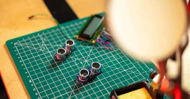 Close-up of a PCB with sensors and tools, highlighting electronics engineering setup.
