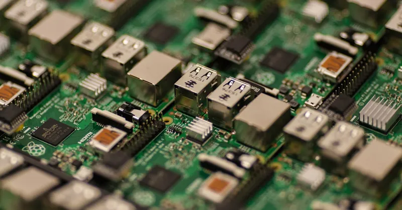 Detailed shot of a Raspberry Pi circuit board showcasing its components, USB ports, and microchips.
