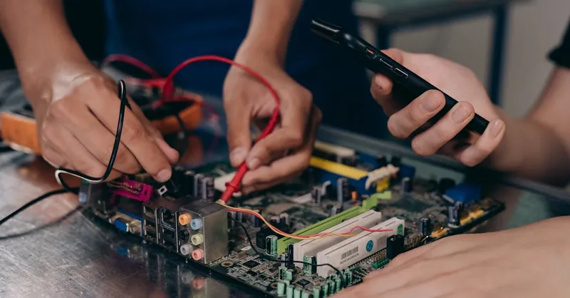 Close-up of hands working on a motherboard using electrical tools and tester.