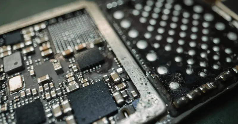 Detailed macro shot of an electronic circuit board revealing intricate components.
