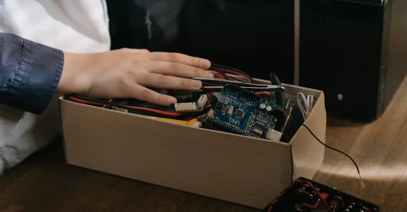 Close-up of hand interacting with Arduino microcontroller kit for electronic projects.