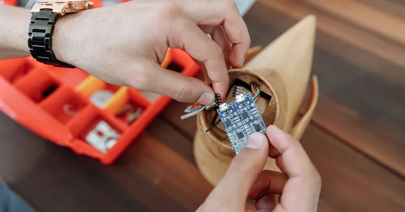 Hands adjusting a microcontroller circuit board, focusing on DIY electronics assembly.