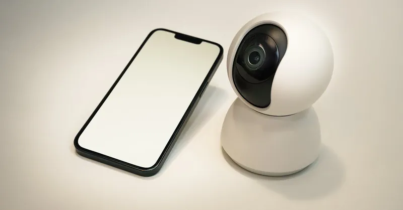 A modern smart home security camera next to a blank screen smartphone, showcasing home automation technology.
