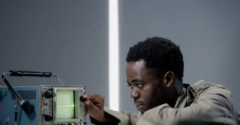 Focused man examining oscilloscope signal in a studio setting.
