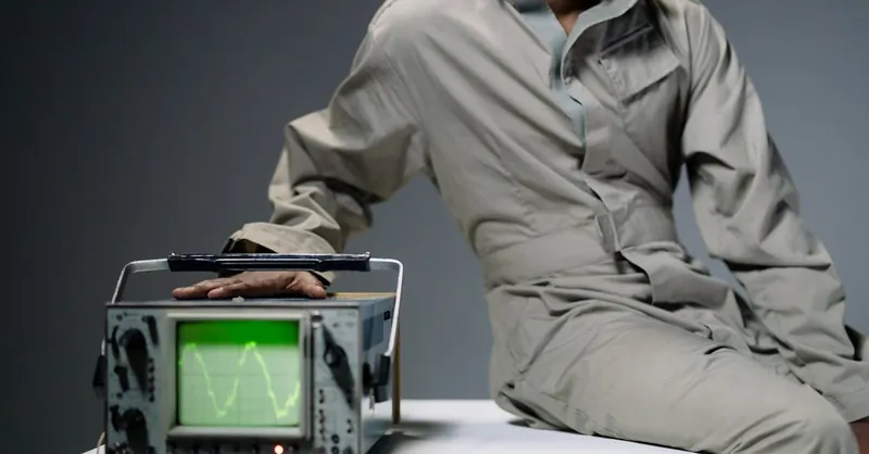 A person in coveralls sits beside an oscilloscope displaying a waveform in a studio setting.