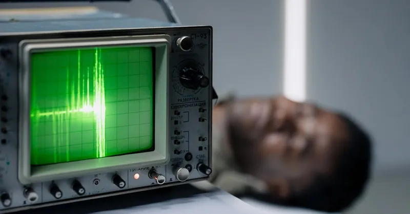 Close-up of a vintage oscilloscope displaying a green waveform next to a blurred person.