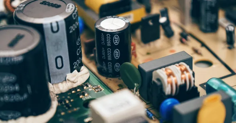 Detailed close-up of capacitors and components on a circuit board, showcasing electronic technology.