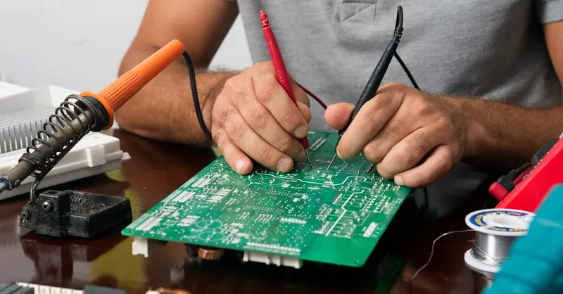 Close-up of a technician repairing an electronic circuit board with precision tools.
