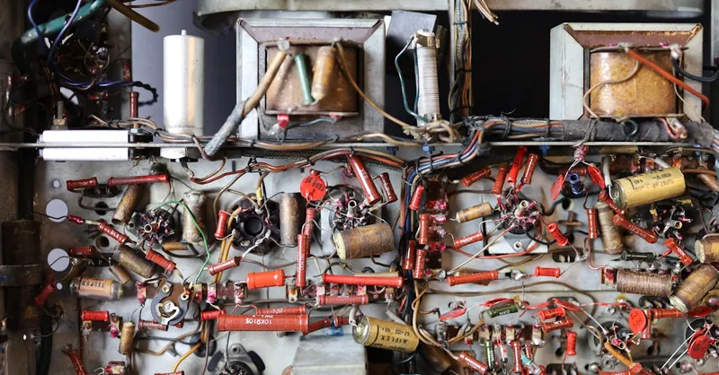 Detailed view of a retro electronics board with wires and components.