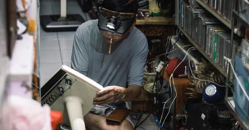 A Vietnamese technician works intently repairing a vintage radio in a cluttered workshop in Hanoi.